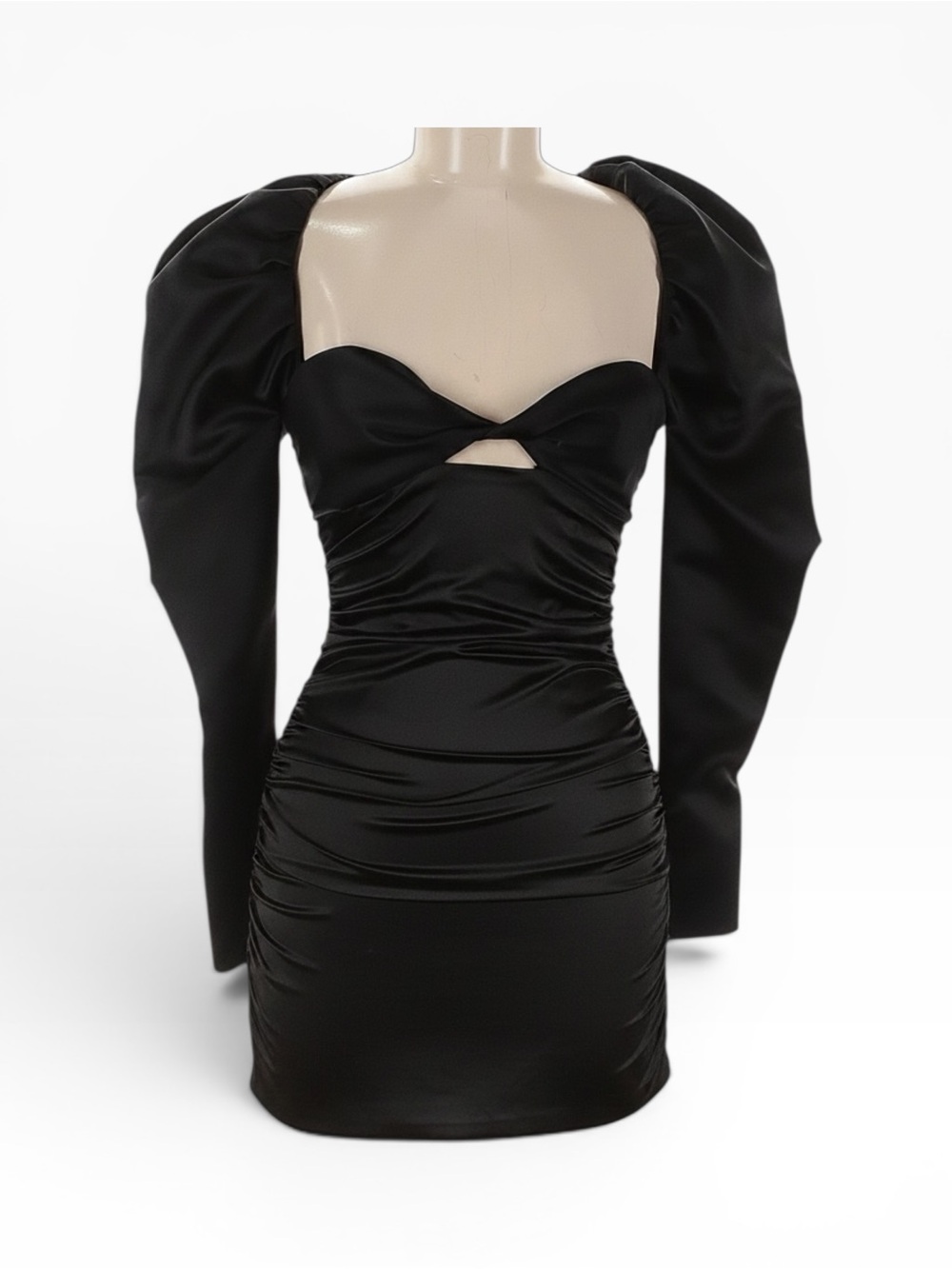 Halpern SS21 Black Ruched Satin Puff Sleeve Mini Dress NWT Size FR 38 / US 6